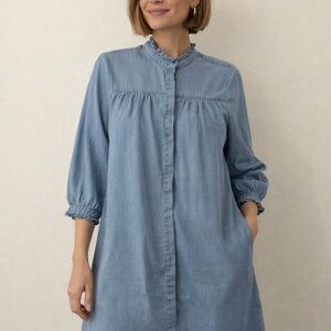 New York & Company Blue Chambray Tunic Dress Ruffle‎ Collar Pleated Shift Sz S